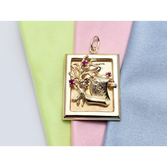 Unique 14K Yellow Gold Ruby & Sapphire Diploma Graduate Square Charm Pendant